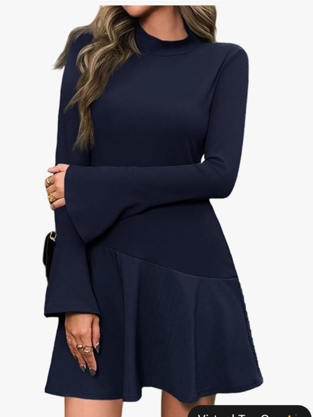 Navy Blue Long-Sleeve A-Line Dress w/ Flared Cuffs trendy party work date night